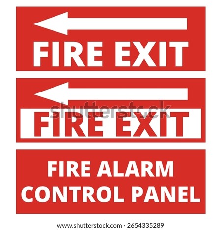 Red and white fire exit and fire alarm control panel signs