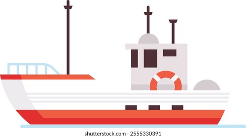 Red and white fishing boat floating on calm water, featuring a life preserver, antennas, and a minimalist design, ideal for representing maritime industries or seafaring activities