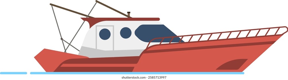 Red and white fishing boat sailing across the sea, representing a commercial vessel for the fishing and seafood industry, depicted in a side view vector illustration