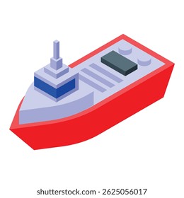 Barco de pesca vermelho e branco navegando no mar, vista isométrica