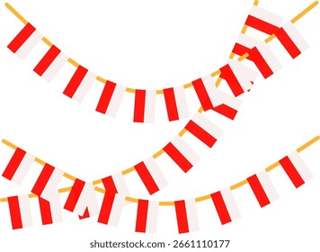 Decoraciones de la bandera roja y blanca en cadena para celebraciones festivas en el fondo blanco