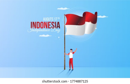 Red and white flag is fluttering, the spirit of Indonesian youth, August 17 for the Indonesian national day