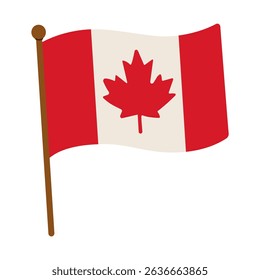 A red and white flag with a maple leaf on it. The flag is waving in the wind