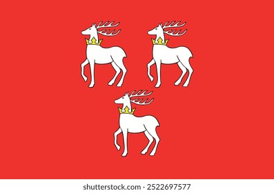 A red and white flag with three deer on it. The deer are standing on a red background