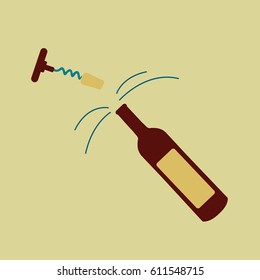 red & white flat design wine illustration for festival or holiday. vector clean opener wine opens a one single modern bottle of wine isolated in live in a motion 