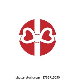 Regalo plano rojo y blanco en forma de círculo. Presentar ilustración vectorial de icono con.