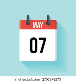 Red and white flat vector illustration shows a calendar icon for the month of May with the number 07 on a light blue background.