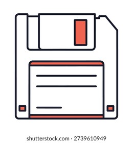 A red and white floppy disk icon on a white background