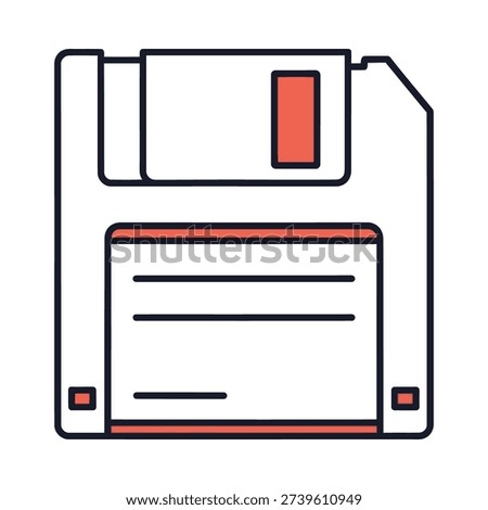 A red and white floppy disk icon on a white background