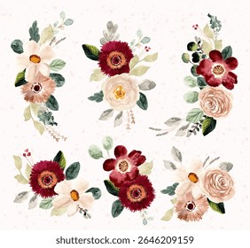 vermelho branco arranjo floral aquarela coleção