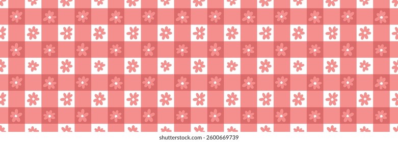Red and white floral daisy check cute gingham plaid vector pattern background, checkered flower print banner design