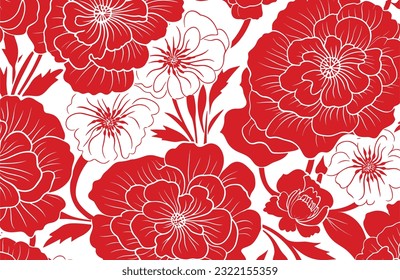 red and white floral flower print fabric, in the style of simplistic vector art, ai weiwei, flickr, intricate woodcut designs, white background, paper cut-outs