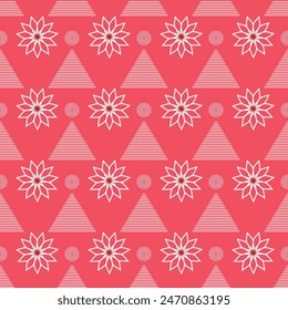 A red and white floral pattern with white flowers and triangles. The pattern is very intricate and detailed