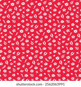 Red and white floral pattern. Small flowers for seamless prints  cute women's dresses, bed linen, girly accessories. Simple repeat texture for wallpaper, backdrop. Silhouettes flowers for background.