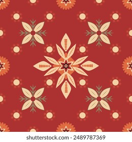 A red and white floral patterned carpet with a green leaf in the center. The carpet is made of a soft material and has a warm, inviting feel. The design is inspired by nature