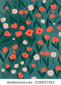 Patrones florales rojos y blancos sobre fondo verde, vector, ilustraciones para la decoración de paredes, papel tapizado, estampados de arte, plantillas, almohadas, diseños de estuches de teléfono, etc.