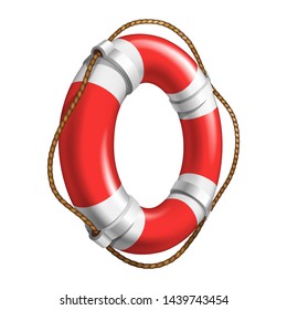 Red And White Flotation Ring Ship Device Vector. Emergency Classical Flotation Hoop With Cord Made Of Polyurethane Foam. Aid Tool For Drowning People Colorful Realistic 3d Illustration