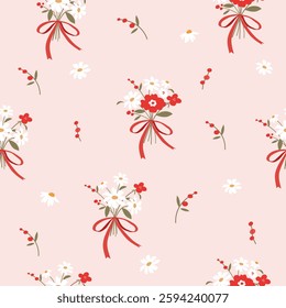 red  white  flower bouquets with bows  seamless pattern , vector , illustration