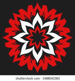 Red and white flower on a black background. Abstract floral decoration for design.