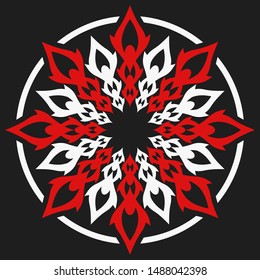 Red and white flower on a black background. Abstract floral decoration for design.