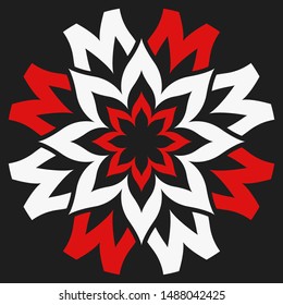 Red and white flower on a black background. Abstract floral decoration for design.