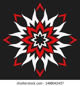 Red and white flower on a black background. Abstract floral decoration for design.