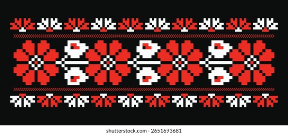 Red white flower ornament pattern from Ukraine, pixelated floral decor on black background
