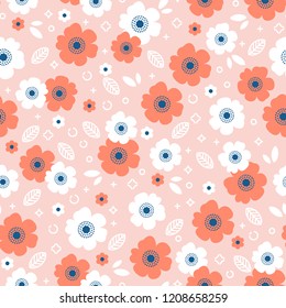 Red and white flower seamless pattern. Florals background. Vector illustration