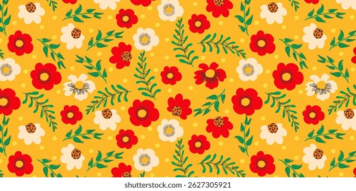 Patrón sin fisuras de flores rojas y blancas con lindas flores de campo salvaje de Naturaleza aisladas sobre fondo amarillo. Doodle extravagantes plantas de verano y primavera. Fondo repetible femenino perfecto para la moda