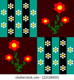 red and white flowers with geometric figures of colors