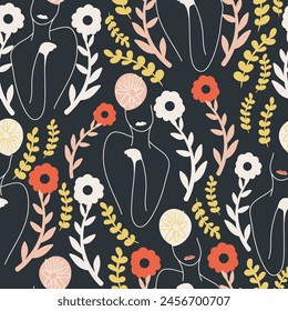 Red and white flowers and long stalks with figure outline seamless pattern background design.