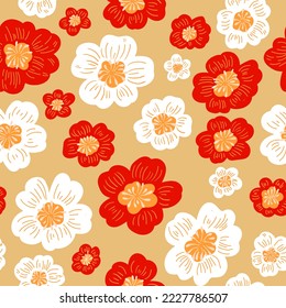 Red and white flowers on a light background. Flower vector field pattern. Summer flowers pattern.