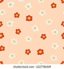 Flores rojas y blancas en un fondo claro. Patrón de campo vectorial de flor.