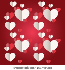 Red and white folded paper hearts isolated on red valentines day background vector