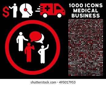 Red And White Forum Persons vector bicolor rounded icon. Image style is a flat icon symbol inside a circle, black background. Bonus set includes 1000 medical business elements.