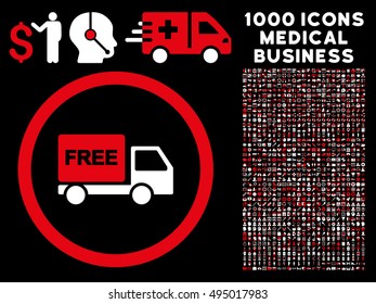 Red And White Free Delivery vector bicolor rounded icon. Image style is a flat icon symbol inside a circle, black background. Bonus clip art includes 1000 healthcare business symbols.