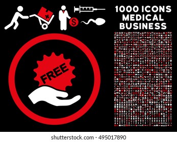 Red And White Free Offer vector bicolor rounded icon. Image style is a flat icon symbol inside a circle, black background. Bonus set contains 1000 medicine business design elements.