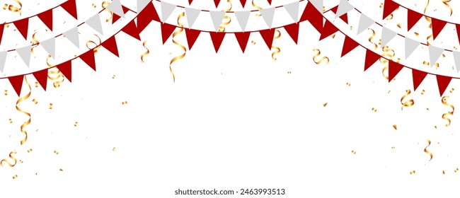 red, white garland triangle flag and gold confetti decoration frame banner celebration party, holiday