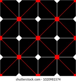 Red and white geometric designs. Seamless black background for textile, fabrics, wallpapers