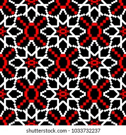 Red and white geometric designs. Seamless black background for textile, fabrics, wallpapers