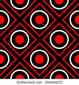 Red and white geometric designs. Seamless black background for textile, fabrics, wallpapers