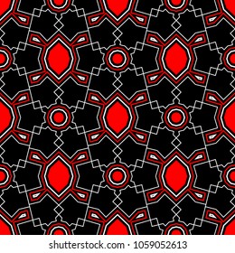 Red and white geometric designs. Seamless black background for textile, fabrics, wallpapers