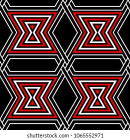 Red and white geometric designs. Seamless black background for textile, fabrics, wallpapers
