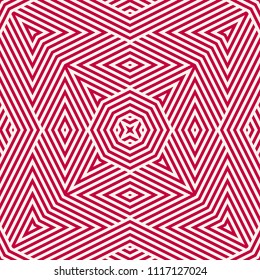 Red and white geometric linear seamless pattern. Modern vector background with simple geometrical shapes, diagonal lines, stripes, rhombuses, octagons, triangles. Stylish abstract graphic texture 