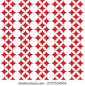 Red and White Geometric Seamless Pattern with Circles and Star Shapes.A clean, vibrant red and white repeating pattern featuring overlapping circles and stylized four-pointed star shapes. This vector-style geometric background is perfect for gift wrap, textile design, wallpaper, and modern digital backdrops.