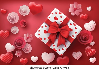 red and white gift box with a bow, surrounded by hearts and paper flowers in pink and red tones, creating a romantic and festive Valentine’s Day theme.