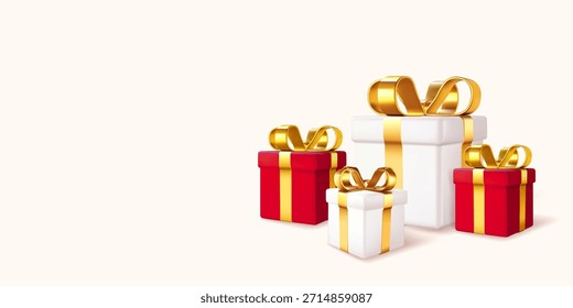 Cajas de regalo rojas y blancas con arcos dorados brillantes, estilo realista, colocadas sobre un fondo claro. Concepto de celebración y días festivos. Ilustración vectorial