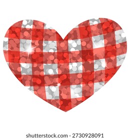 Red and white gingham glistering heart filled with sparkling bokeh confetti and light flares on clean background. Ideal for valentines day cards, invitations, posters, banners, web ads and prints 