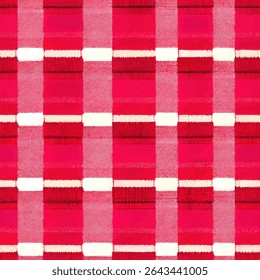 Red and white gingham pattern, fine art print, symmetrical grid, grunge lines ikat pattern, ikat seamless pattern, Vector illustration background for print the paper.