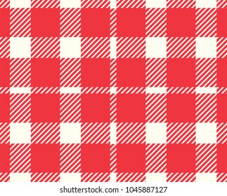 Red and white gingham  pattern. Texture from rhombus/squares for - plaid, tablecloths, clothes, shirts, dresses, paper and other textile products. Vector illustration.